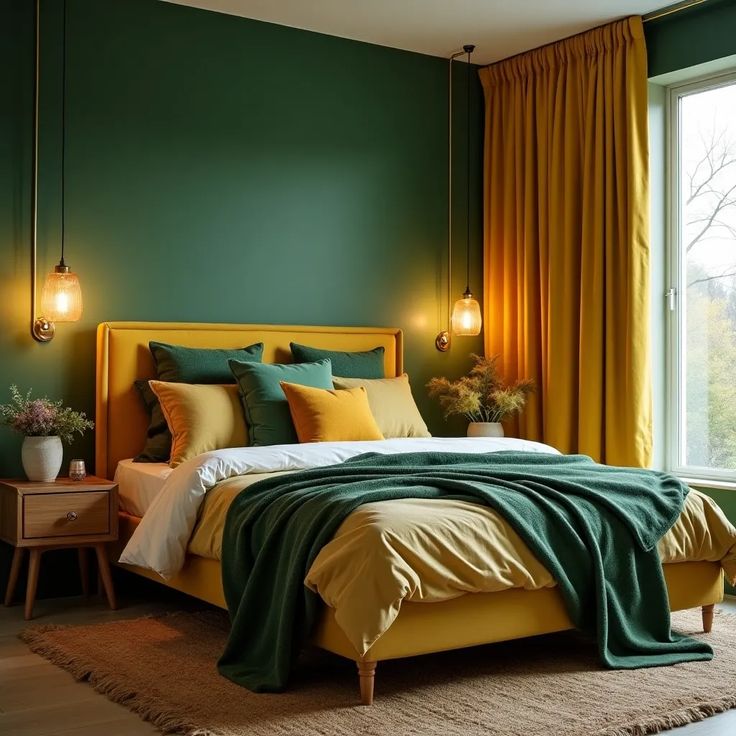 Serene Green Boho Bedroom with Mustard Accents #99